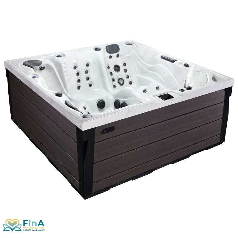 Onyx Hot tub in Sterling Silver with dark gray exterior cladding - luxurious outdoor spa from Platinum Spas for 5 Persons