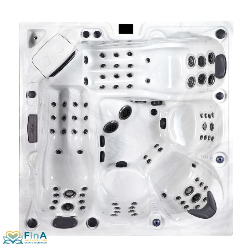 Onyx Premium Hot tub from Platinum Spas - Top view in Sterling Silver with 90 hydrojets, 2 loungers and ergonomic seating arrangement